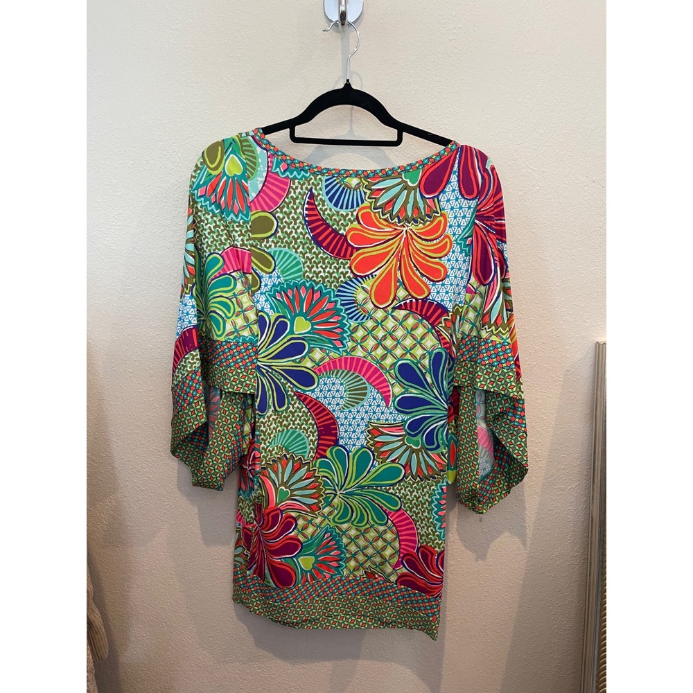 Trina Turk Womens Multicolor Psychedelic Floral Print Split Bell Sleeve Tunic XS